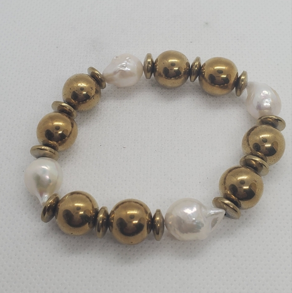 Giulia bracelets-set 2-handmade gold Hematite bracelet baroque fresh water pearl - Picture 3 of 5